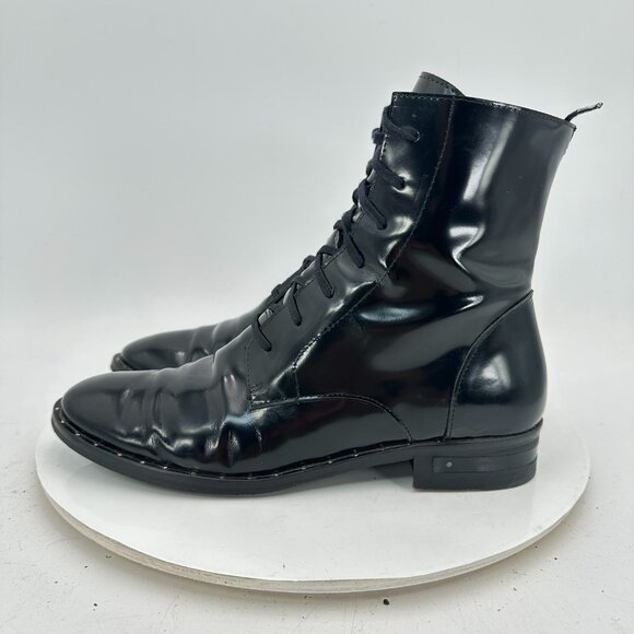 Freda Salvador Women Size 7.5 Black Patent Leather Plain Toe Lace Up Ankle Boot - Picture 1 of 11